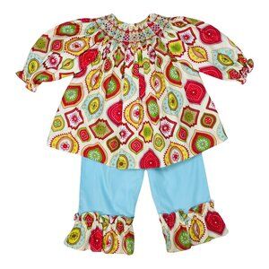 Le Za Me Funky Winter Print Smocked Top + Ruffle Pants Matching Set Outfit 24m